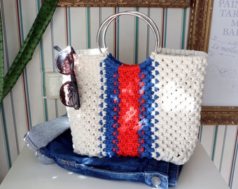 Macrame tote bag with metal handles / Macrame handbag / Drawstring cotton liner / Boho inspired fashion / Unique / Handmade