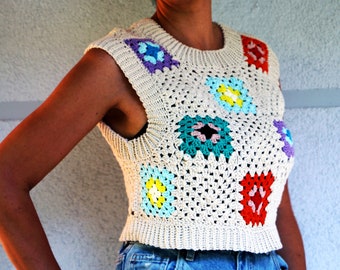 Granny Square Crochet Crop Top / Summer Bohemian Crop Top / Festival Boho Crop Top / Ethnic Tank Top