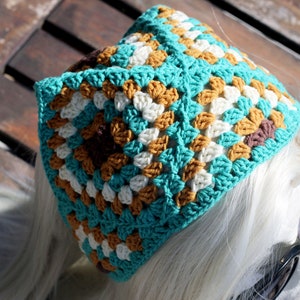 Crochet Bandana Boho Hair Scarf Granny Square Retro Hair Accessory Afghan Scarf Handmade Hair Kerchief 70&#39; Hippie Hippy Head Band