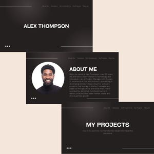 May include: A black and white website design with the text "ALEX THOMPSON" in large white letters at the top. The website has sections for "About Me", "Education", "Work Experience", "My Projects", and "Resume". The "About Me" section features a headshot of a smiling man with a black turtleneck shirt. The text in the "About Me" section reads: "Hello, my name is Alex Thompson. I am 20 years old and have a keen interest in technology and innovation. I am a Product Manager with 5 years of experience in the tech industry, specializing in developing and launching consumer software products. My journey in product management began at the age of 24, and since then I have successfully led cross-functional teams to deliver products that meet market needs and drive business growth."
