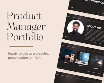 Puede incluir: Una plantilla de presentación en blanco y negro para un portafolio de gerente de producto. La plantilla incluye una diapositiva de título con el texto "Product Manager Portfolio", una diapositiva con una foto de un hombre y el texto "About Me", una diapositiva con una foto de una persona jugando un juego y el texto "Project 1", una diapositiva con una foto de una persona usando una computadora y el texto "Project 2", una diapositiva con una foto de una persona sosteniendo un teléfono y el texto "Project 3", y una diapositiva con el texto "Get in Touch".