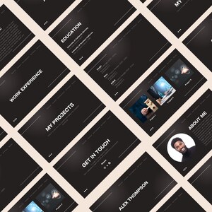 May include: A black and white resume template with a modern design. The template includes sections for work experience, education, projects, and contact information. The text "Alex Thompson" is at the bottom of the page.