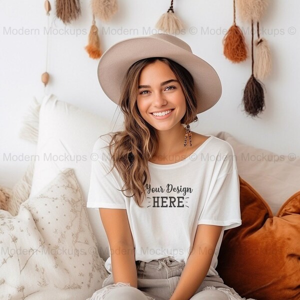 Boho White Bella Canvas Mockup, Bella Canvas 3001 Crop Top Mockup, White Tshirt Model Mock Up, Hippie Bohemian Mocks, Lifestyle Mockup