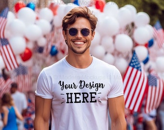 Men’s 4th of July Mockup, Bella Canvas 3001 Mockup White, Male Shirt Mockup, White T Shirt Mockup, Patriotic Tshirt Mockup