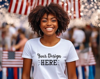 4th of July Mockup, African American, Black Girl Shirt Mockup, Bella Canvas 3001 Mockup White, White T Shirt Mockup, Patriotic Tshirt Mockup