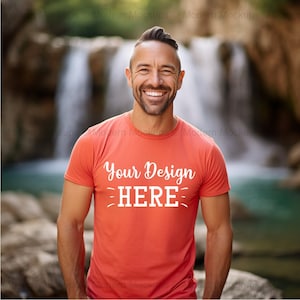 Coral Bella Canvas 3001 Mockup, Camping T-Shirt Mockup, White American Model, Male T-shirt Mockup, Male Model Mockup, Men Model Mockup