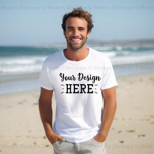 White Bella Canvas 3001 Mockup, Camping T-Shirt Mockup, White American Model, Male T-shirt Mockup, Male Model Mockup, Men Model Mockup