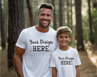 Weiß - Vater und Sohn Tshirt Mockups, passende Tshirt Mockups, Tshirt Mockups, Vater und Sohn Mockups, amerikanische Modell Mockups