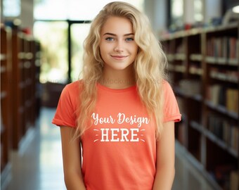 Coral T-shirt Teen Mockups, Bella Canvas 3001 Mockup, American Teen Mockups, T-Shirt Mockup, Girl T-shirt Mockup, Model Mockup, Teen Shirts