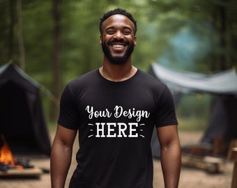 Black Bella Canvas 3001 Mockup, Camping T-Shirt Mockup, African American Model, Male T-shirt Mockup, Male Model Mockup, Men Model Mockup