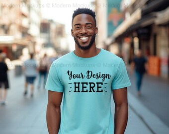 Aqua Bella Canvas 3001 Mockup, T-Shirt Mockup, Male T-shirt Mockup, Model Mockup, Male Shirt Mockup, Men’s Mockup, African American Model