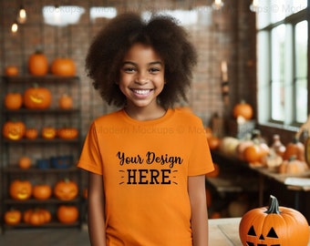 Kids Halloween T-shirt Mockup, Fall Bella Canvas 3001 Burnt Orange T-shirt Mockup, African American Kids, Toddler, Autumn mockup,Blank Shirt