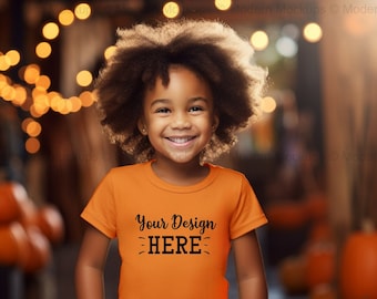 Kinder Halloween T-Shirt Mockup, Herbst Bella Canvas 3001 Burnt Orange T-Shirt Mockup, Afroamerikaner Kinder, Kleinkind, Herbst Mockup, Blank Shirt