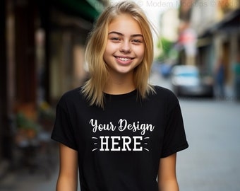 Black T-shirt Teen Mockups, Bella Canvas 3001 Mockup, American Teen Mockups, T-Shirt Mockup, Girl T-shirt Mockup, Model Mockup, Teen Shirts