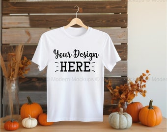 White Fall T-Shirt Mockup, Fall Bella Canvas 3001 White T-Shirt Mockup, Hanging Mock-up, Lifestyle, Autumn mockup, Fall Mock-up, Blank Shirt