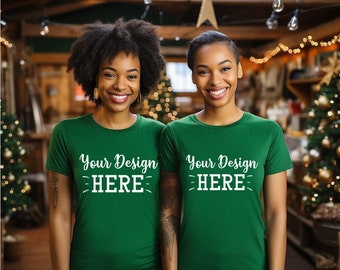 Siblings Christmas Mockups, Green Sweatshirt Christmas Mockup, Bella Canvas 3001 Sweatshirt Mockup, African American Siblings, Blank Mockups