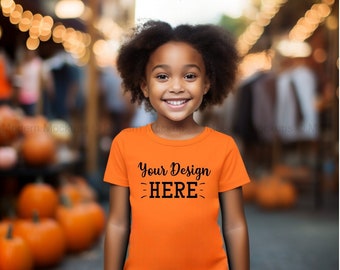 Kids Halloween T-shirt Mockup, Fall Bella Canvas 3001 Burnt Orange T-shirt Mockup, African American Kids, Toddler, Autumn mockup,Blank Shirt