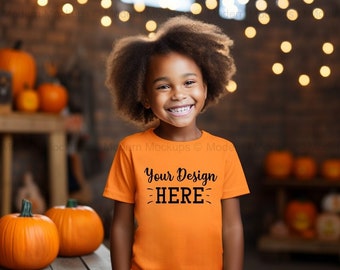 Kids Halloween T-shirt Mockup, Fall Bella Canvas 3001 Burnt Orange T-shirt Mockup, African American Kids, Toddler, Autumn mockup,Blank Shirt