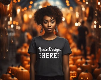 Halloween T-shirt Mockup, Herbst Bella Canvas 3001 schwarzes T-shirt Mockup, Lifestyle, afroamerikanisches Modell, Herbst Mockup, Blank Shirt