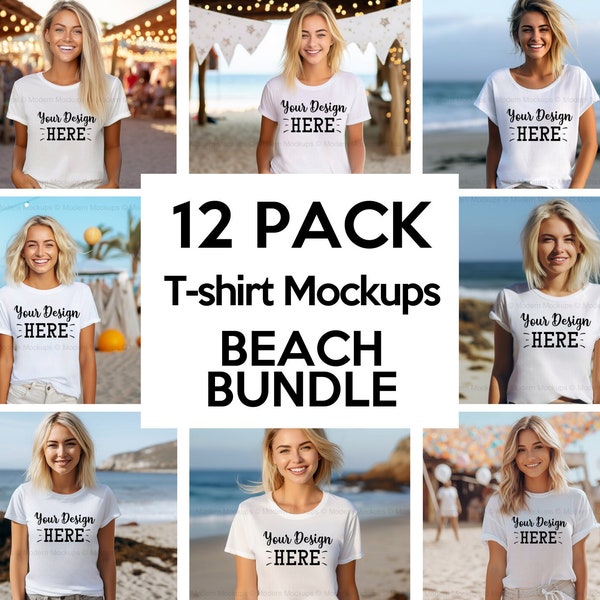 Weißes Strand Shirt Mockup Bundle, Sommer Tshirt Mockup, Bella Canvas 3001 Mockup Weiß, weißes T-Shirt Mockup, Lifestyle Mockup, Modell Mock Up