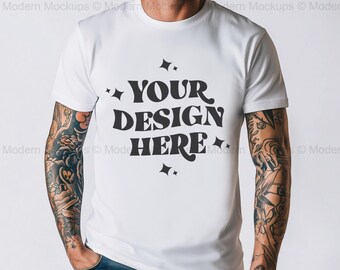 Gildan 5000 White T-Shirt Mockup | Male G500 Tshirt Mock-up | Model Mock | Casual Simple Mock | Mens Gildan 5000 Shirt Front