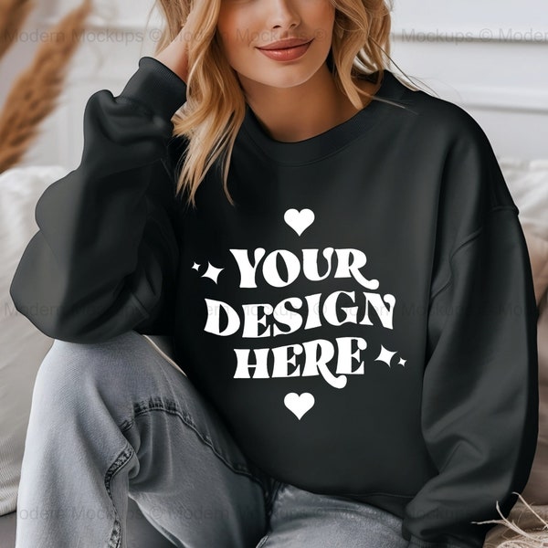 Gildan 18000 Black Sweatshirt Mockup, G180 Black Crewneck Mockup, Model, Gildan Black Sweater, Casual Simple Everyday G180 Mockup, Mockups