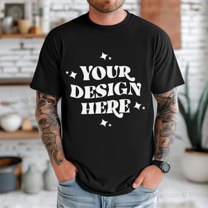 Comfortkleuren C1717 herenmodel mockup zwarte kleur, comfortkleuren 1717 T-shirtmodel, esthetische mockup, herenmodel downloaden, 1717 mockupbestand