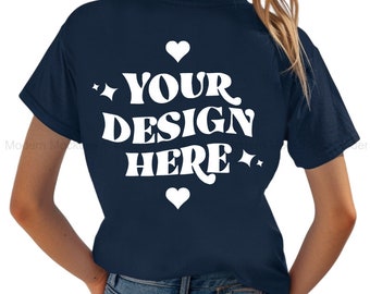 Navy Canvas 3001 Tshirt Back Mockup | BC 3001 Shirt Back View Mock-up | Real Model Mock | Minimal Back of T-Shirt Mockups