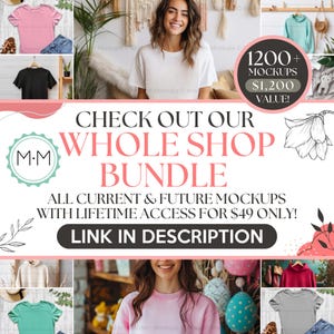 K&ouml;nnte beinhalten: Eine Grafik in Pink, Wei&szlig; und Schwarz mit dem Text "CHECK OUT OUR WHOLE SHOP BUNDLE ALL CURRENT & FUTURE MOCKUPS WITH LIFETIME ACCESS FOR $49 ONLY! LINK IN DESCRIPTION" und dem Text "1200+ MOCKUPS $1,200 VALUE!" in einem wei&szlig;en Kasten. Die Grafik enth&auml;lt auch ein florales Design und einen Kreis mit den Buchstaben "M.M" darin.