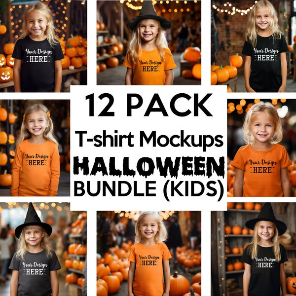 Kids Halloween T-shirt Mockup Bundle, Fall Bella Canvas 3001 T-shirt Mockup, Lifestyle Mockup, American Kids, Autumn mockup, Blank Shirt