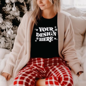Bella Canvas 3001 Black Tshirt Mockup | BC 3001 Black Shirt Mock-up | Model Mock | Cozy Casual Flannel Christmas Holiday Aesthetic