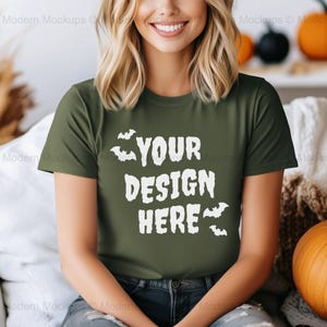 Bella Canvas 3001 Military Green Shirt Mockup | BC 3001 Green Tshirt Mockup | Model Mock | Fun Spooky Fall Halloween Styled Aesthetic Tshirt