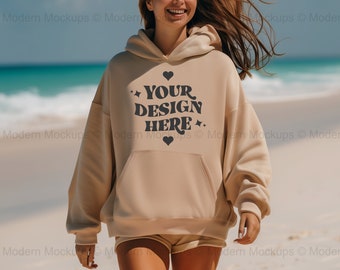 Gildan 18500 Sand Hoodie Mockup, Beach Hoodie Mockup, G185 Hooded Sweatshirt Mockup, Gildan 18500 Hoodie, Minimalist Summer Aesthetic Model