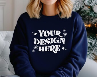 Gildan 18000 Navy Sweatshirt Mockup | G180 Navy Crewneck Mock-up | Model Mock | Cozy Trendy Festive Christmas Morning Aesthetic Sweater