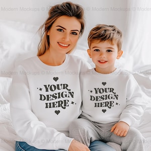 Mommy and Me White Gildan 18000 Sweatshirt Mockup for Matching Shirts, Gildan 18000 Mom and Son Gildan White 18000B White Crewneck Kids
