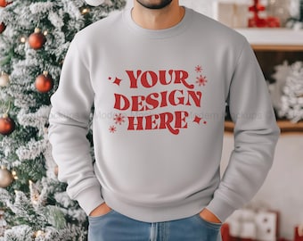 Gildan 18000 Ash Sweatshirt Mockup | Mens G180 Grey Crewneck Sweater Mock-up | Male Model Mock | Casual Aesthetic Christmas Holiday Sweater