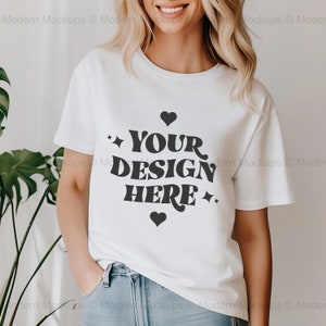 Mockup di maglietta bianca Gildan 5000, Mockup di maglietta bianca G500, Mockup di modello, Maglietta semplice Gildan, Maglietta estetica neutra minimale casual