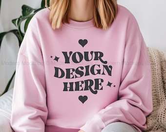 Gildan 18000 Light Pink Sweatshirt Mockup | G180 Light Pink Crewneck Mockup | Model Mock | Gildan 18000 Light Pink Sweater | Simple Mockup