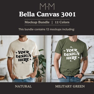 May include: A mockup bundle featuring Bella Canvas 3001 t-shirts in natural and military green. Each shirt displays the text "YOUR DESIGN HERE" in white. The image includes the text "Mockup Bundle | 12 Colors".