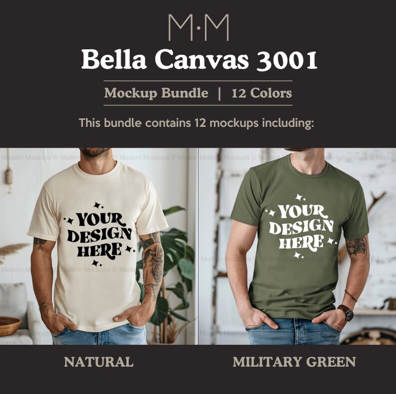 May include: A mockup bundle featuring Bella Canvas 3001 t-shirts in natural and military green. Each shirt displays the text "YOUR DESIGN HERE" in white. The image includes the text "Mockup Bundle | 12 Colors".
