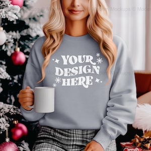 Gildan 18000 Sport Grey Sweatshirt Christmas Mockup | G180 Crewneck Mock-up | Model Mock | Cozy Casual Holiday Christmas Aesthetic