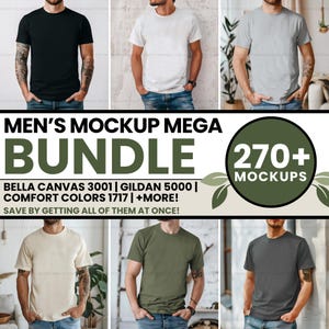 Könnte beinhalten: Ein Mockup-Paket mit über 270 T-Shirts in verschiedenen Farben, darunter Schwarz, Weiß, Grau, Beige und Grün. Der Text "MEN'S MOCKUP MEGA BUNDLE" wird oben im Bild in großer Schrift angezeigt. Der Text "BELLA CANVAS 3001 | GILDAN 5000 | COMFORT COLORS 1717 | +MORE!" wird unter dem Titel des Pakets angezeigt. Der Text "SAVE BY GETTING ALL OF THEM AT ONCE!" wird unter den Marken- und Farbinformationen angezeigt. Der Text "270+ MOCKUPS" wird in einem Kreis mit einem grünen Blattdesign angezeigt.