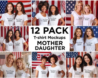 Mother Daughter T-Shirt Mockup Bundle, 4th of July, Bella Canvas 3001 Mockup White, White T Shirt Mockup, Patriotic Tshirt Mockup