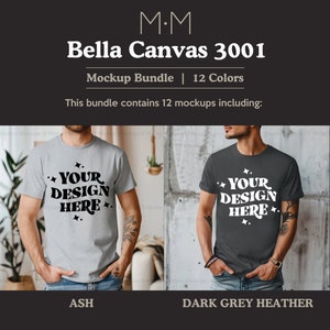 May include: A mockup bundle featuring Bella Canvas 3001 t-shirts in ash and dark grey heather. Each shirt displays the text "YOUR DESIGN HERE" in a bold, white font. The bundle includes 12 colors.
