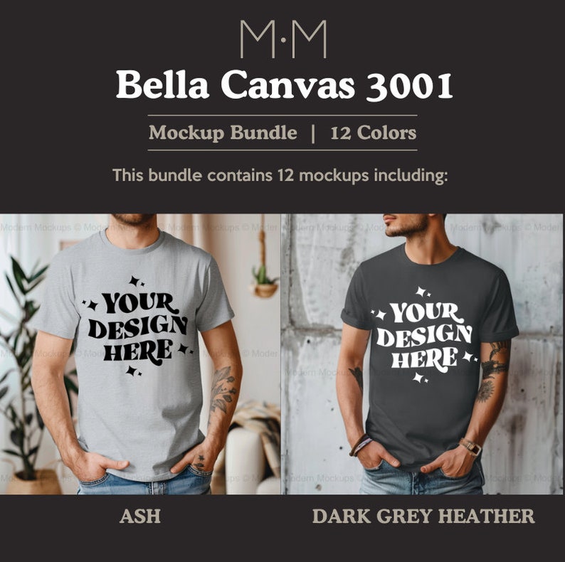 May include: A mockup bundle featuring Bella Canvas 3001 t-shirts in ash and dark grey heather. Each shirt displays the text "YOUR DESIGN HERE" in a bold, white font. The bundle includes 12 colors.