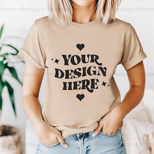 Gildan 64000 Sand Tshirt Mockup | G640 Sand T-Shirt Mock-up | Model Mock | Neutral Simple Spring Summer Gildan 640 Tee Shirt Mocks
