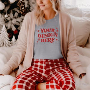 Bella Canvas 3001 Athletic Heather Tshirt Mockup | BC 3001 Grey Shirt Mock-up | Model Mock | Cozy Casual Flannel Christmas Holiday Aesthetic