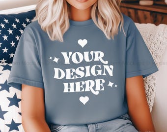 Comfort Colors C1717 Blue Jean Shirt Mockup, 4th July Patriotic Trendy Model Mockup, Fourth of July Mockup, Patriotic Mock Up, C1717 Mockup