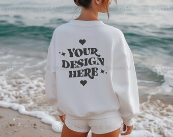 Gildan 18000 White Sweatshirt Back Mockup, White Sweatshirt Beach Mock-up, G180 White Crewneck Back Mockup, Trendy Tropical Pullover Mockup
