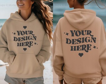 Gildan 18500 Sand Hoodie Mockup Bundle, Sand Hoodie Beach Mockups, Front and Back Mockups, Trendy Tropical Pullover Mockup, Summer Mockups